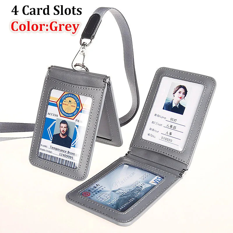 Top Grade Genuine Leather ID Badge Holder Business Cards Holders with Neck Lanyard Formal Staff Magnet Closed ID Card