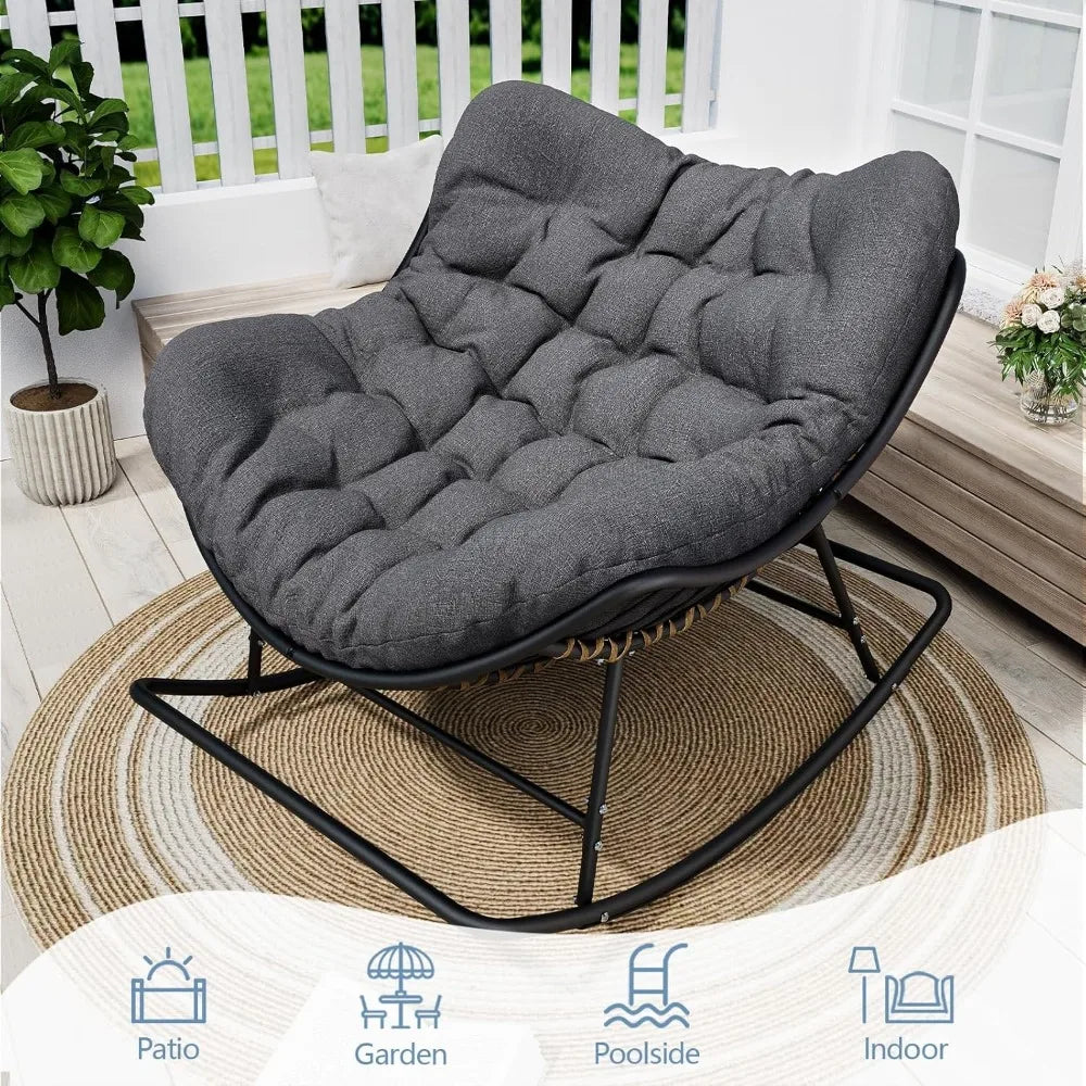 Papasan Rocking Chair Outdoor Indoor Oversized Egg Wicker Rocker with Cushion Supports 450 lbs Patio Chair for Balcony