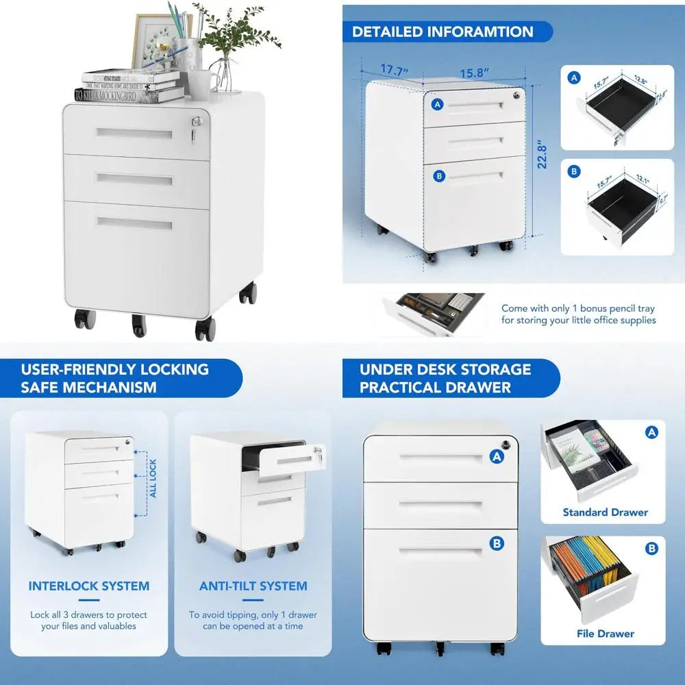 Home Office 3-Drawer File Cabinet with Under Desk Storage for Legal Letter and A4 Files