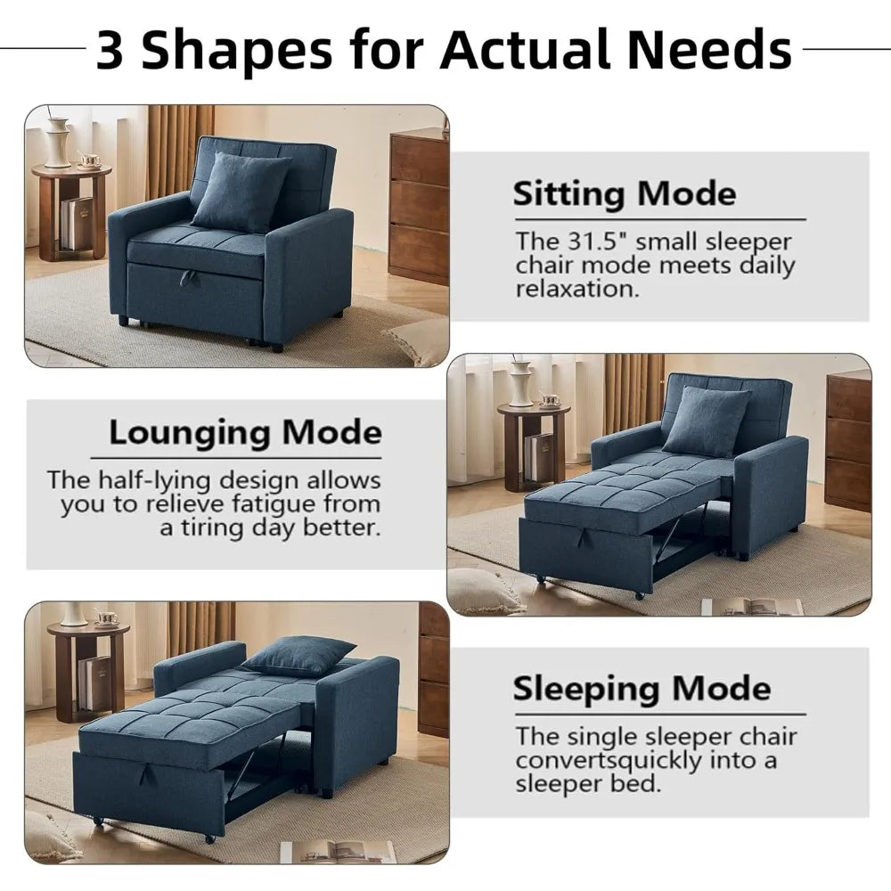 Convertible Sofa Bed with Pull-Out Sleeper and Reclining Backrest in Blue (35) - Blue / United States