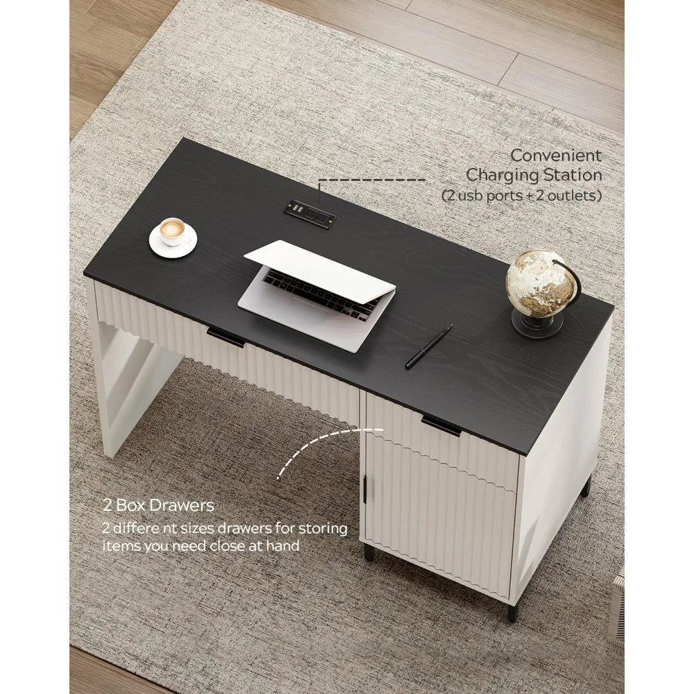 47’’ Fluted Executive Desk Modern Wood Home Office Desk with Charging Station Professional Workstation w/ USB Ports &