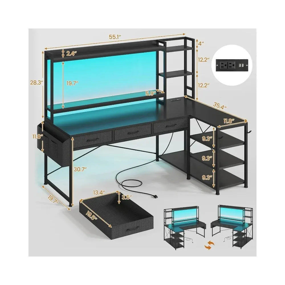 55-inch L-shaped gaming desk with bookshelves and drawers corner computer desk with shelves and storage space black.