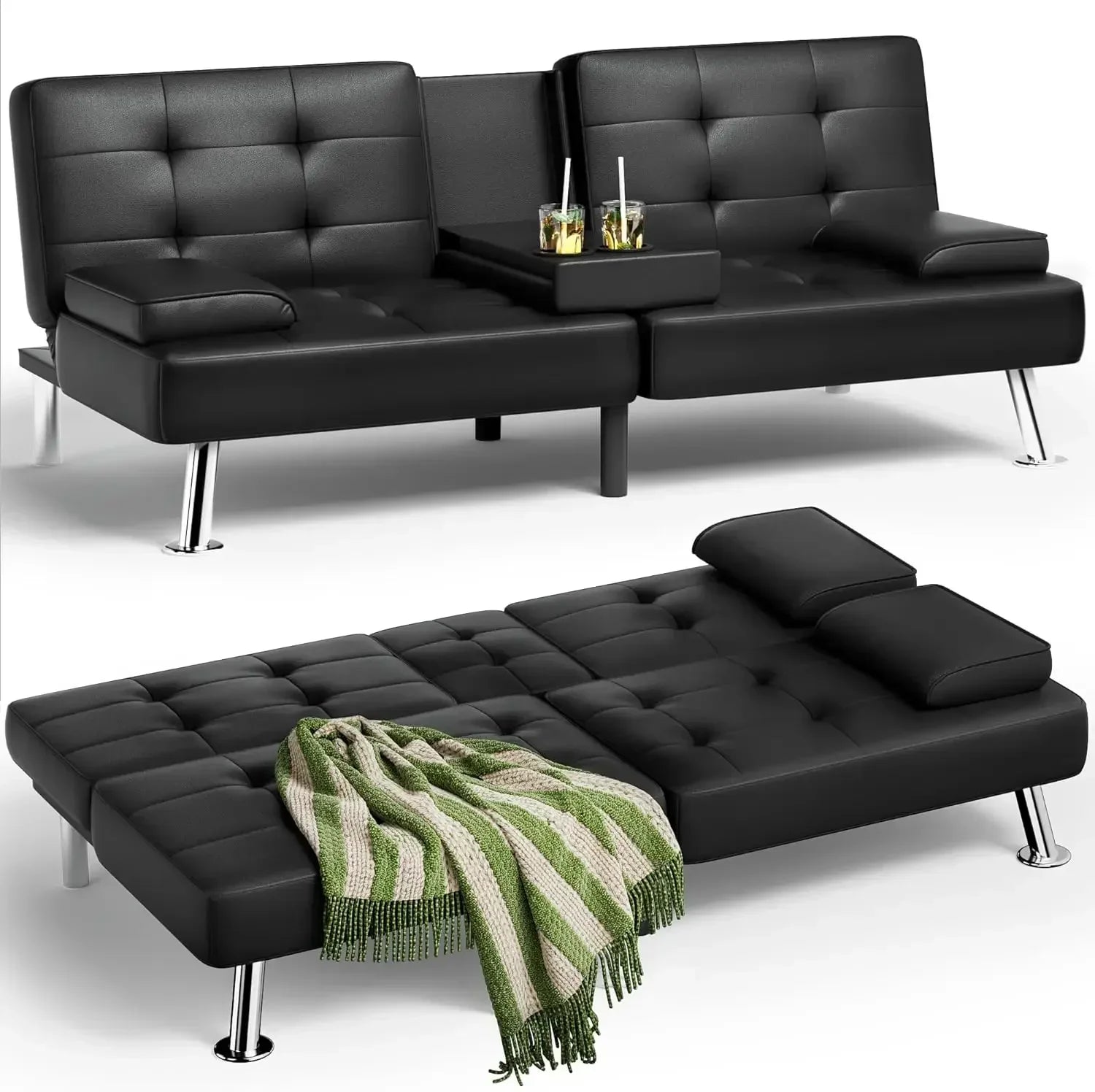 Futon Sofa Bed Leather Futon Couch with Removable Armrests Adjustable Recliner Sleeper Sofa Bed with Dual Cup Holders