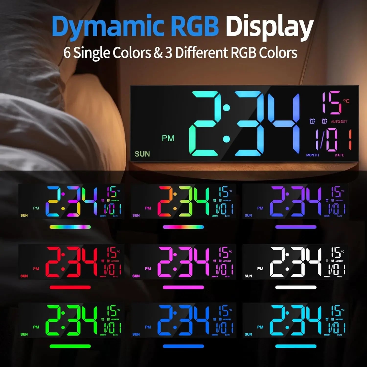 16.2’’ Large Digital Wall Clock with Remote Control Big LED/Dual Alarm/8 RGB Colors Digital Alarm Clock Electronic Watch