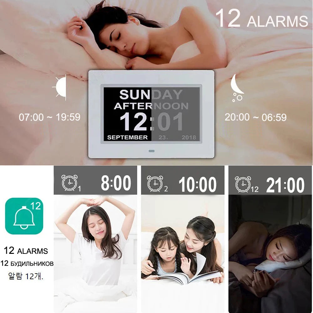 12 Alarms Digital LED Calendar Clock with Multi-Languages to display. Medicine Time Reminder for Elder.Home Desk Wall