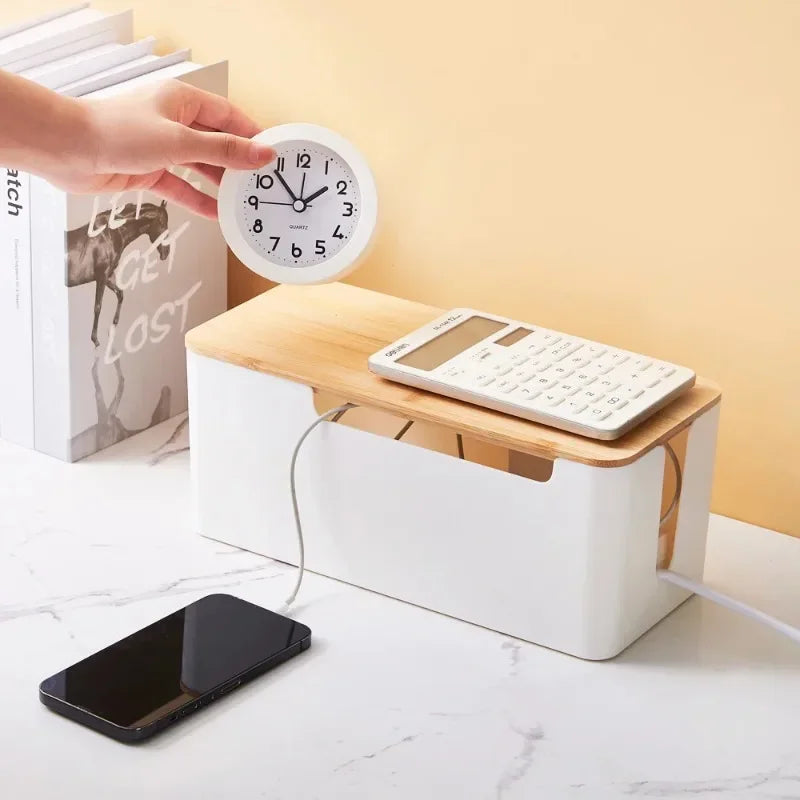 Wire Organizer Box Power Plug Board with Wooden Lid Plastic Wire Boxes Socket Data Cable Junction Box Desktop Storage