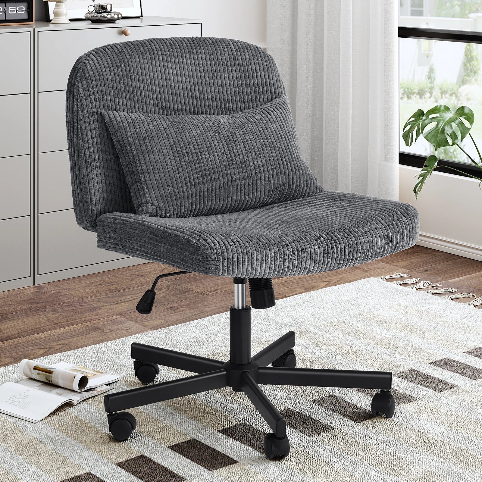 Massage Cross Leg Office Chair w/ Double Layer Sponge Cushion,Corduroy/Pearl Velvet Wide Armrest Desk Chair Mid Back