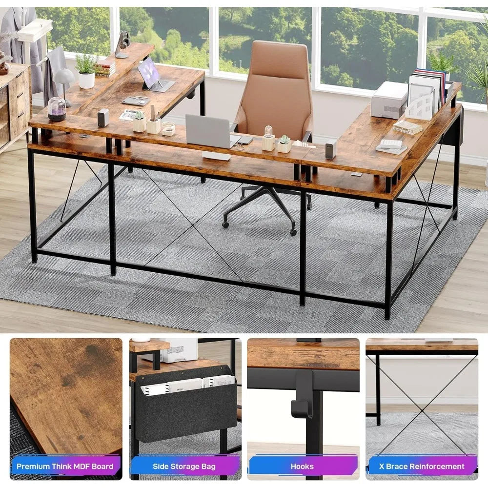 U/L Shaped Desk Reversible Computer Gaming Desk with Power Outlet & LED Light Large Corner Table with Monitor Stand &