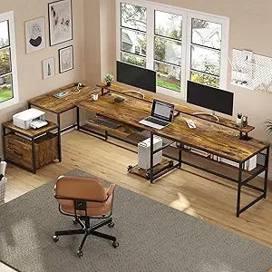 Reversible U-Shaped Desk for Home Office 101.5’’ Two-Person Computer Desk with File Cabinet and Power Outlet - Rustic