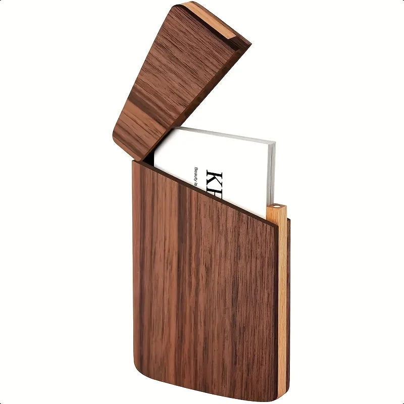 1Pc Portable Black Walnut Business Card Holder Men’s Solid Wood Business Card Box Magnetic Switch Wooden Box - 1 pc