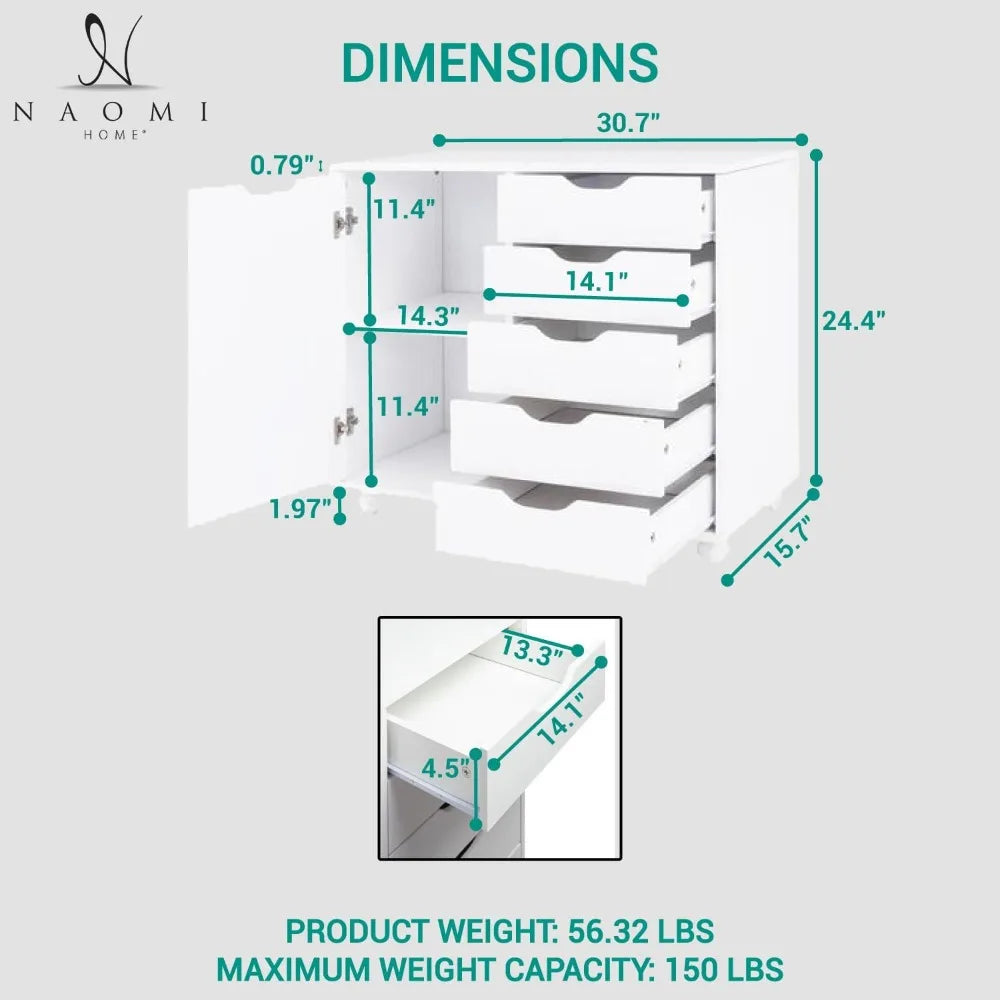 Amy 5 Drawer Chest Wood Storage Dresser Cabinet with Wheels Craft Storage Organization Makeup Drawer Unit for Closet