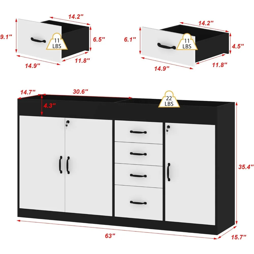 63’’ W Lateral File Cabinet with Lock Adjustable Shelves Top Compartment 4 Drawers & 3 Doors Wooden Filing Organization