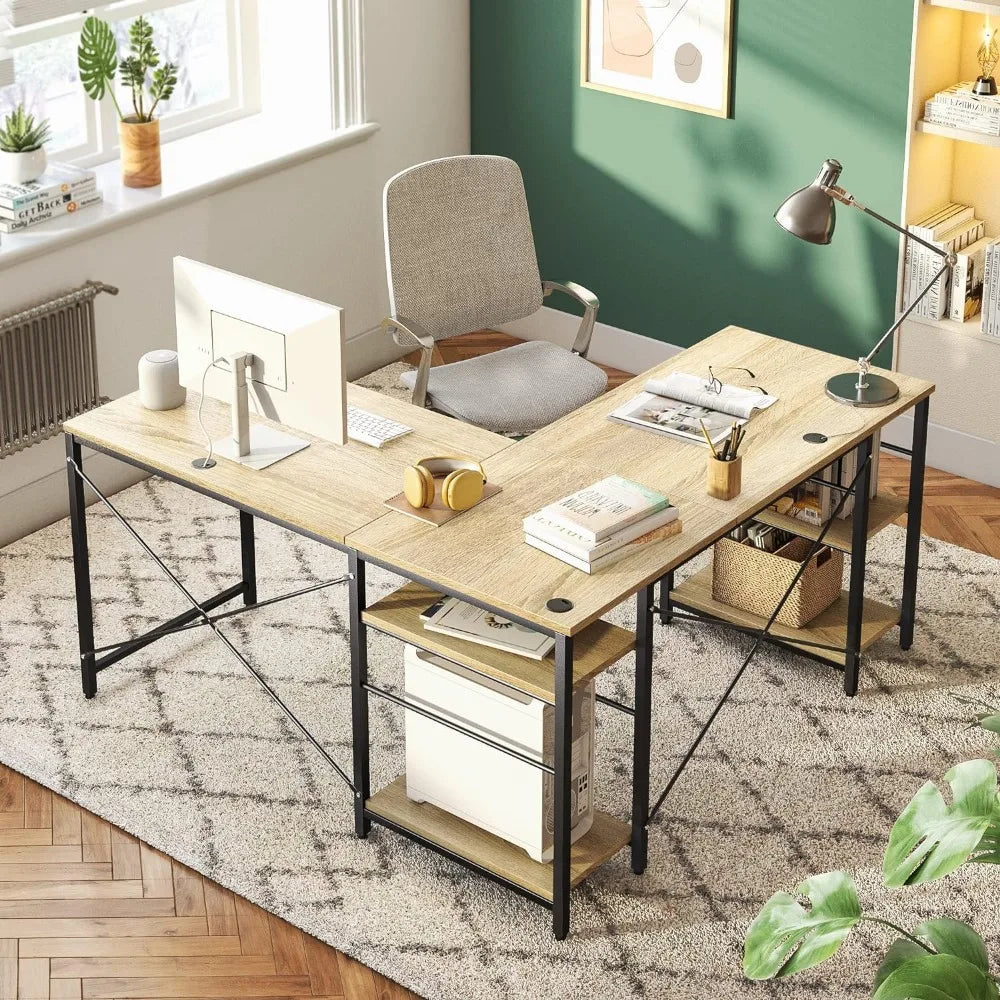 95.2” L Shaped Desk Reversible Corner Computer Desk or 2 Person Long Table with Adjustable Shelves Large Writing Study