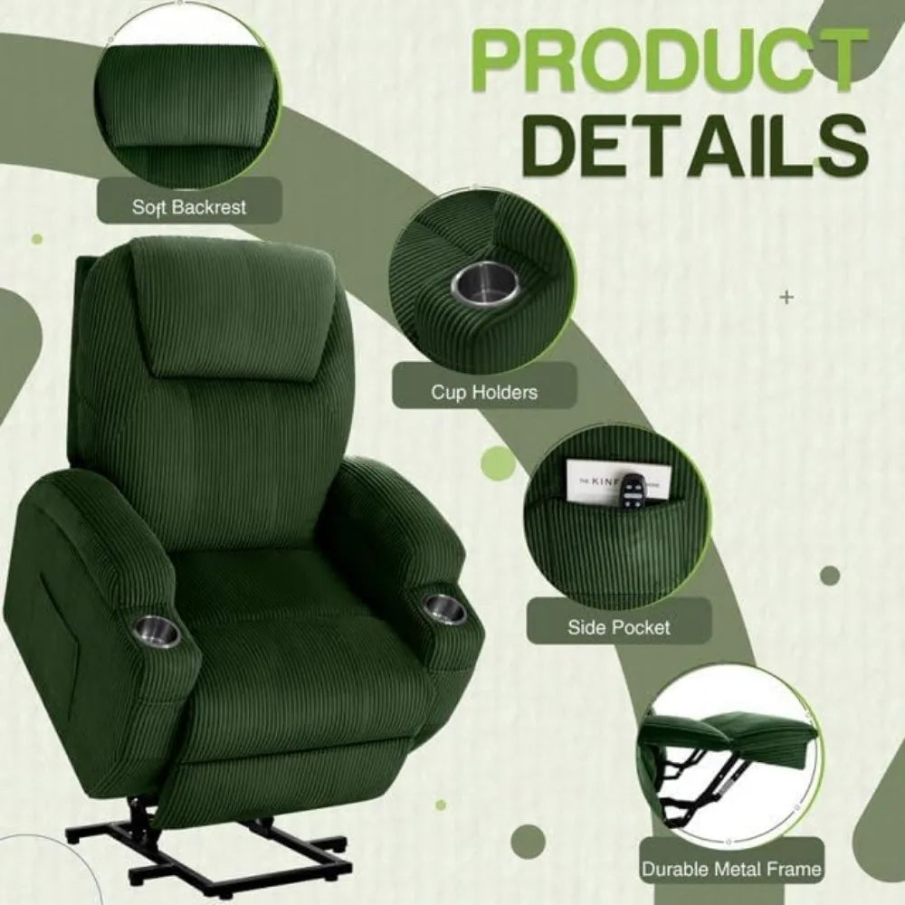 Massage Electric Power Lift Recliner Chair for Seniors with Corduroy Fabric Cup Holders and Side Pockets - White