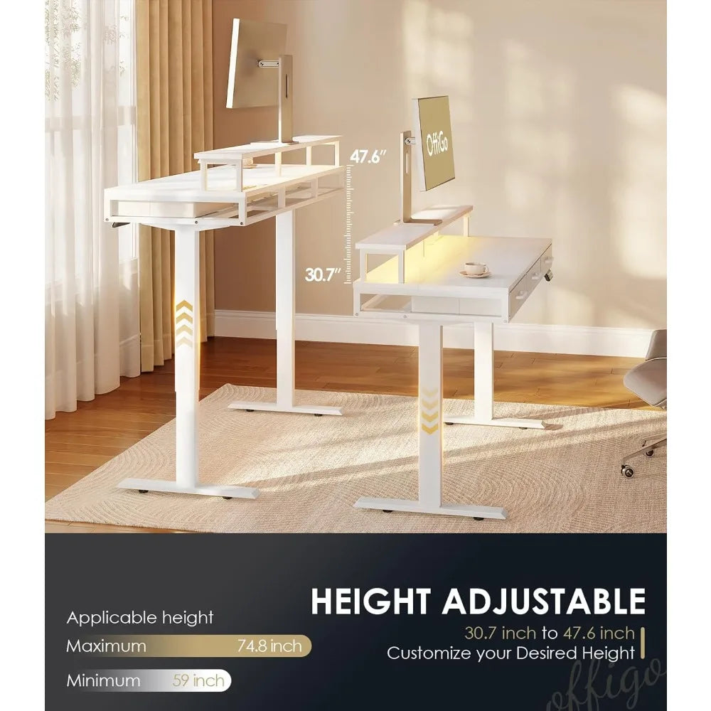 Electric Standing Desk with Drawers Height Adjustable Desk with Power Outlets & LED Lights Sit Stand Table with Monitor