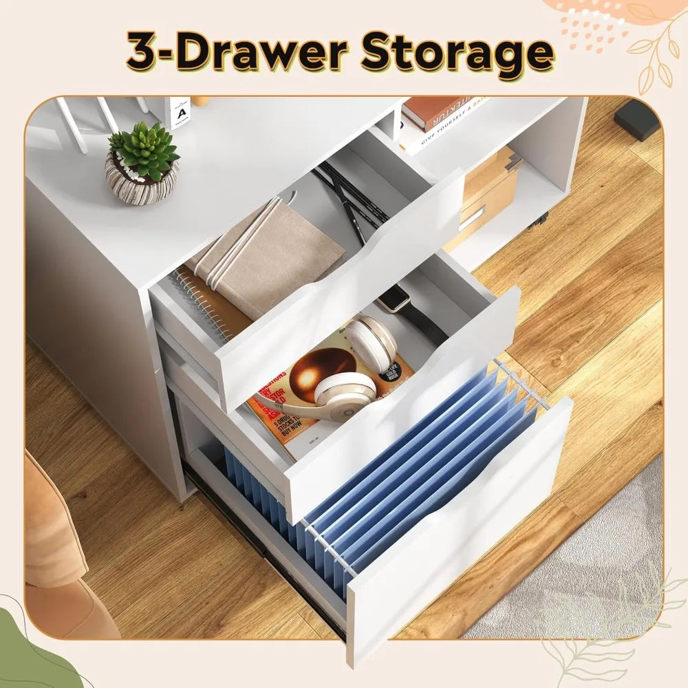 3-Drawer Wood File Cabinet Mobile Lateral Filing Cabinet Printer Stand with Open Storage Shelves for Home Office White
