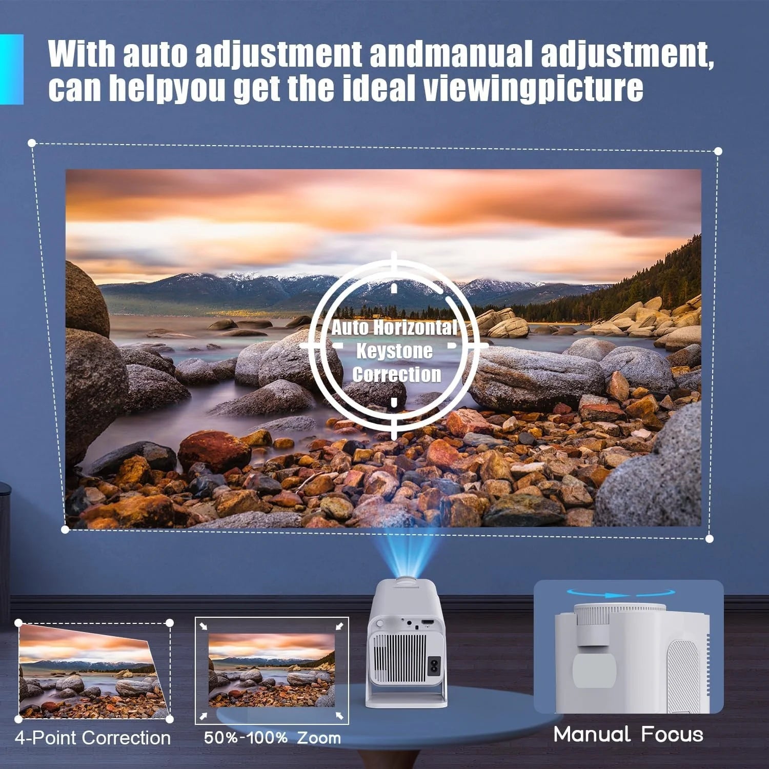 Smart Projector Native 1080P Support 4K 390 ANSI HD Brightness Android 11.0 WiFi 6 Auto Focus & Keystone Correction