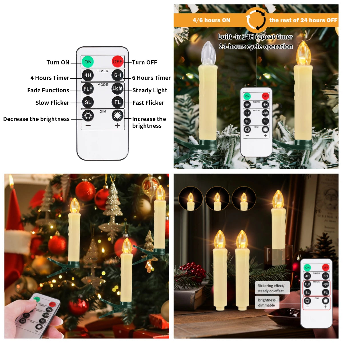 Flameless LED Taper Candles Christmas Tree Electric Candle Lights Mini Taper Clip-On Candles with Remote Timer