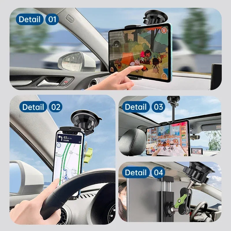 Aluminum Alloy Double Ball Head Arm 360° Rotation Adjustable Stand With Suction Cup Mount For 4-12.9 Inch Tablets