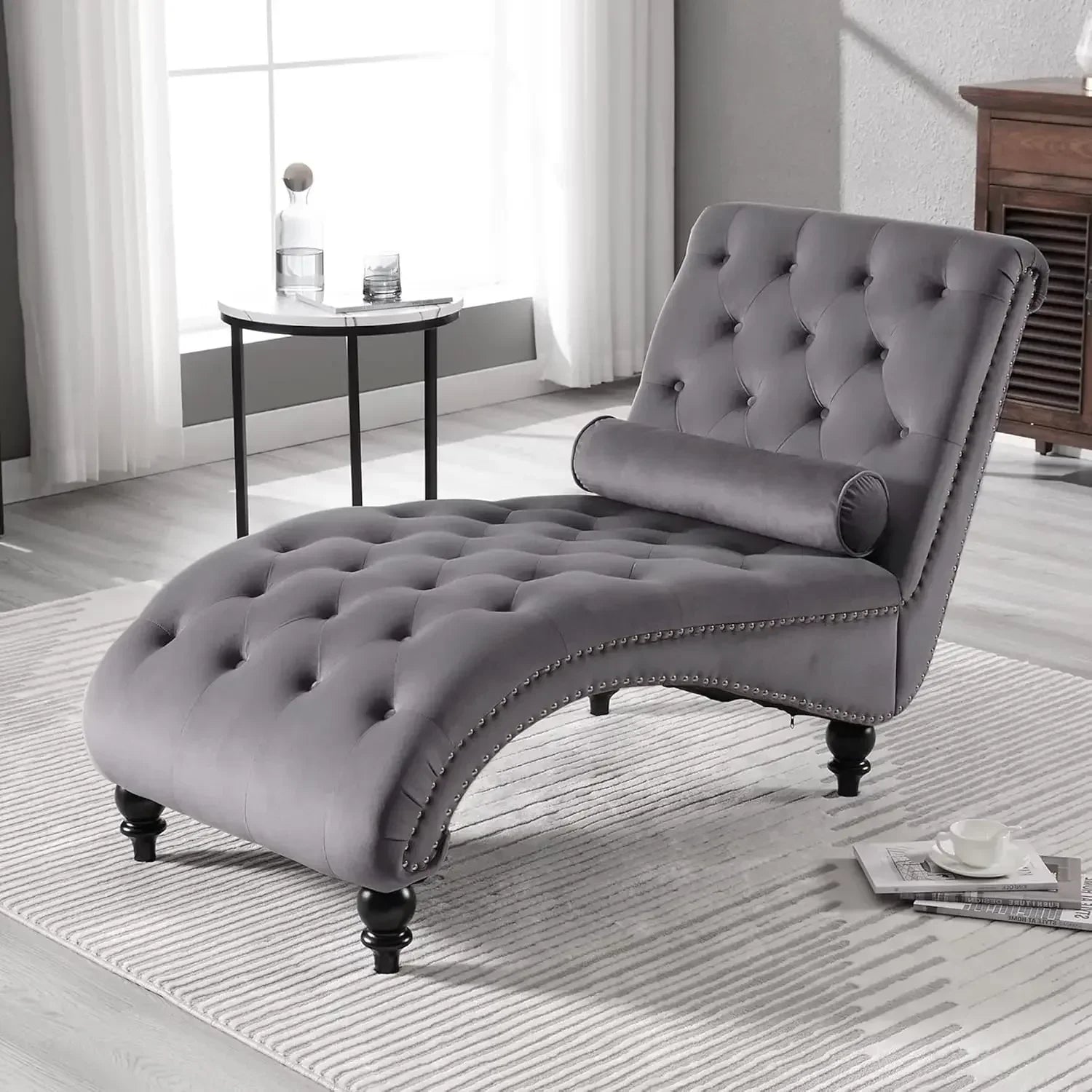 Velvet Button-Tufted Chaise Lounge Chair Indoor with Pillow Upholstered Modern Furniture for Bedroom Living Room Office