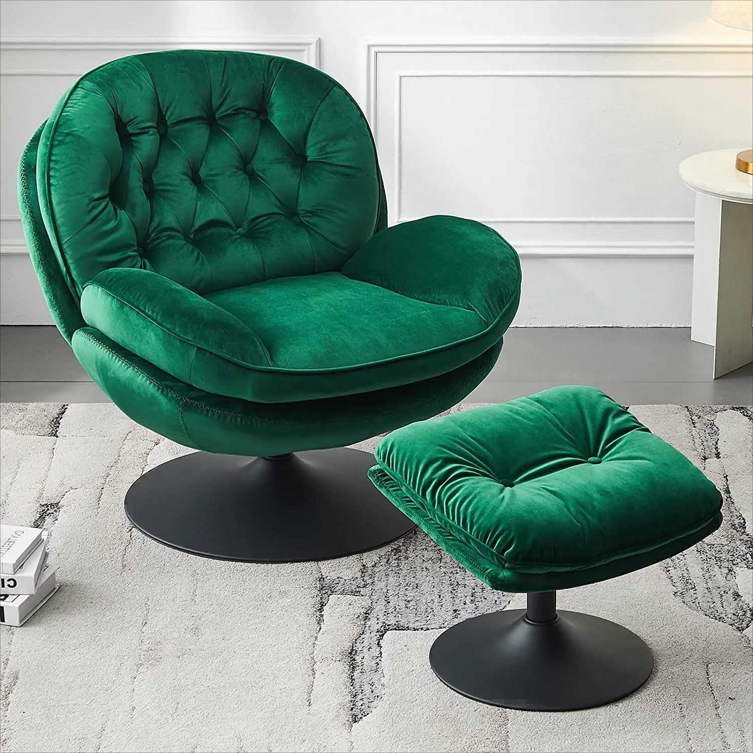 Velvet Swivel Armchair Set with Ottoman for Living Room - Modern Tufted Accent Chairs with 360° Swivel & Footrest