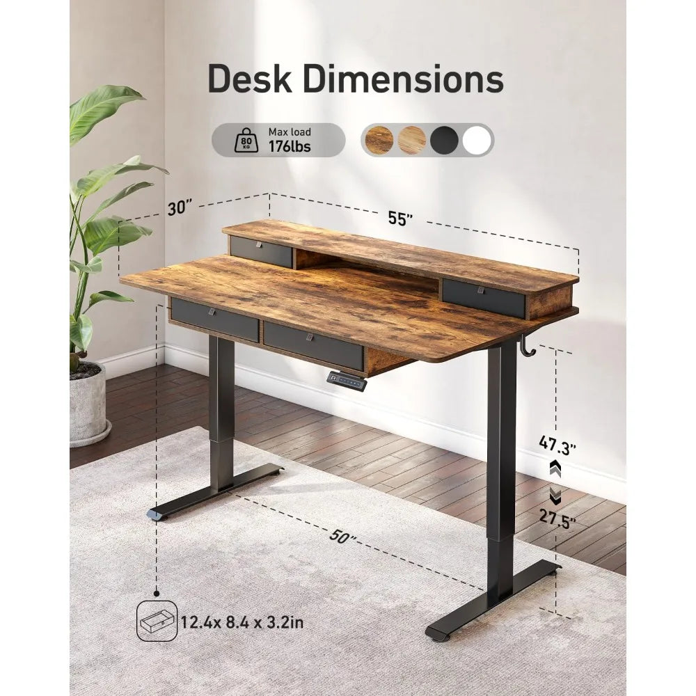 Electric Standing Desk Adjustable Height with 4 Drawers Sit Stand Desk Home Office Stand Up Table with 4