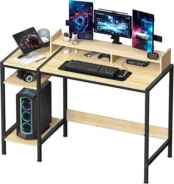 Gaming/Computer Desk - 47” Home Office Small Desk with Monitor Stand Rustic Writing Desk for 2 Monitors Adjustable
