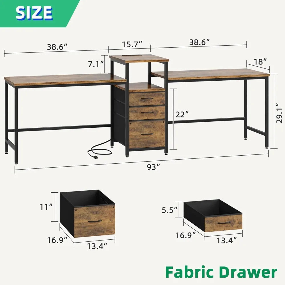 Two Person Desk with Charging Station Long Desk with 3 Fabric Drawers and Printer Shelf Double Computer Desk for 2