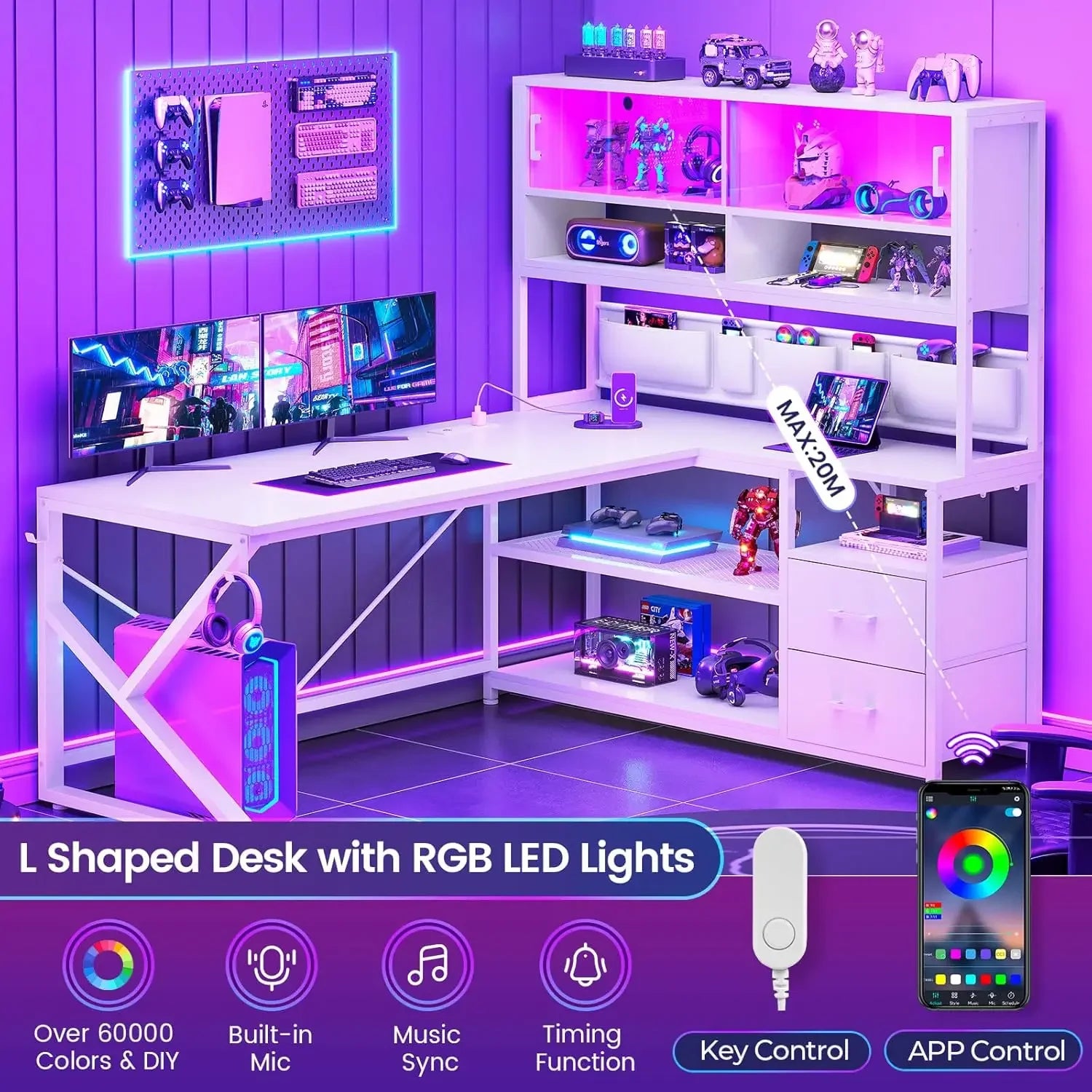 L Shaped Gaming Desk Home Office Computer Desk with 2 Drawer and Bookshelf L Shaped Gaming Corner Desk with LED Light