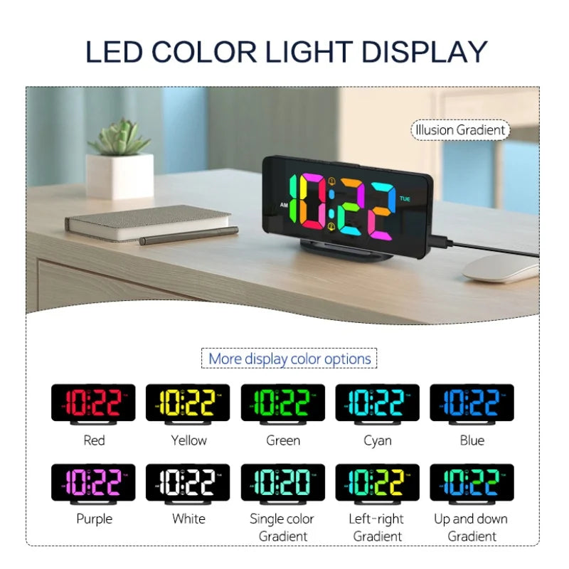 RGB Digital Alarm Clock with RGB Mood Light 2 Alarm Night Mode Unlimited Snooze Table Clock 12/24H Output USB Charging