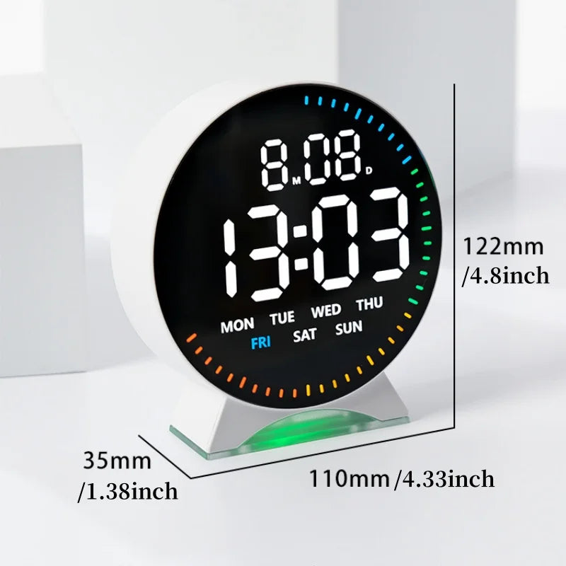 LED Digital Alarm Clock Week Date Second Hand Display Brightness Adjustable 2 Alarms Table Ambient Light 12/24H