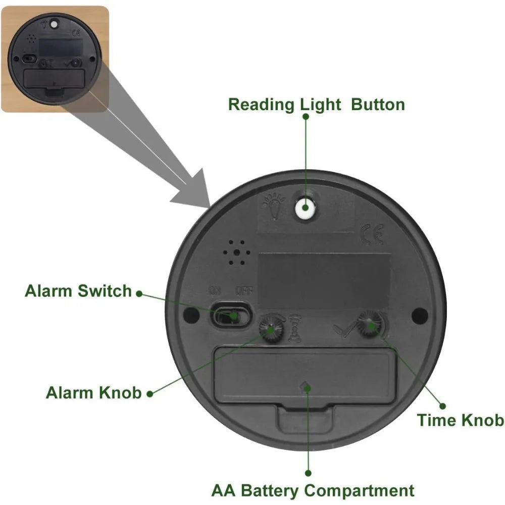 3 Inches Round Wooden Alarm Clock with Arabic Numerals Non-Ticking Silent Backlight Battery Operated Wood Table Desk