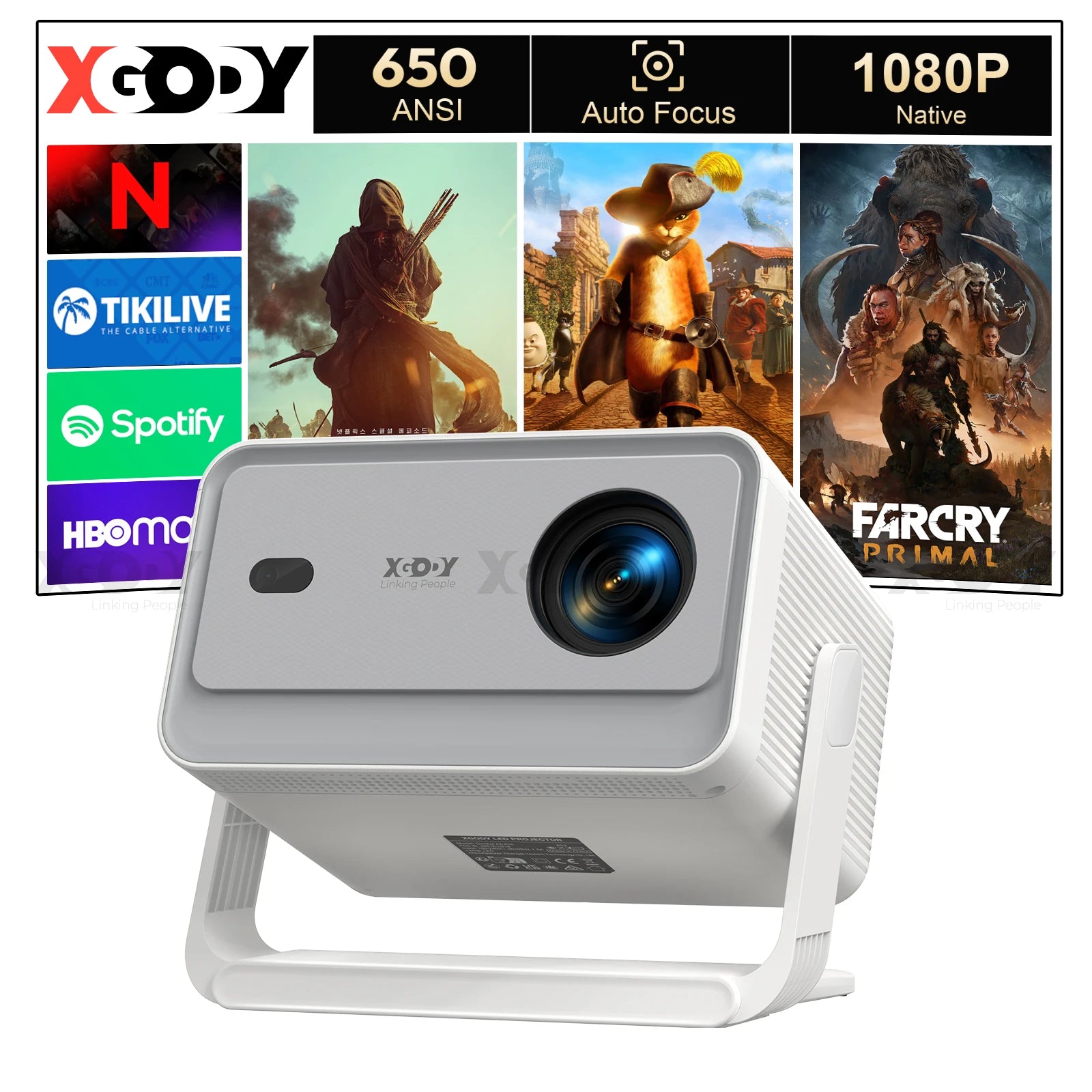 XGODY A6-PRO 4K Native 1080P 650 ANSI Smart Projector Autofocus and Automatic Keystone Correction 360° Portable