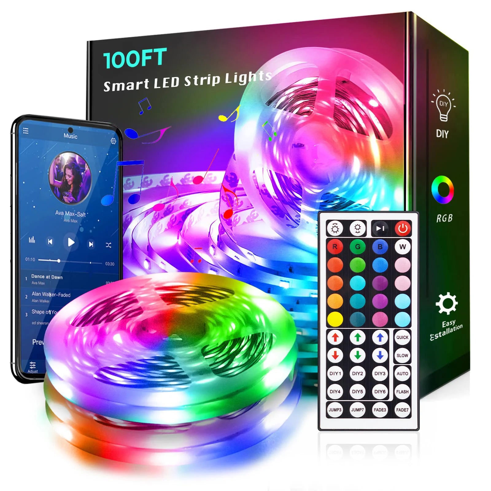 100ft led Strip Lights Tape Lights with Remote Bluetooth Smart App 5050 RGB Color Changing Strip Lighting Bedroom