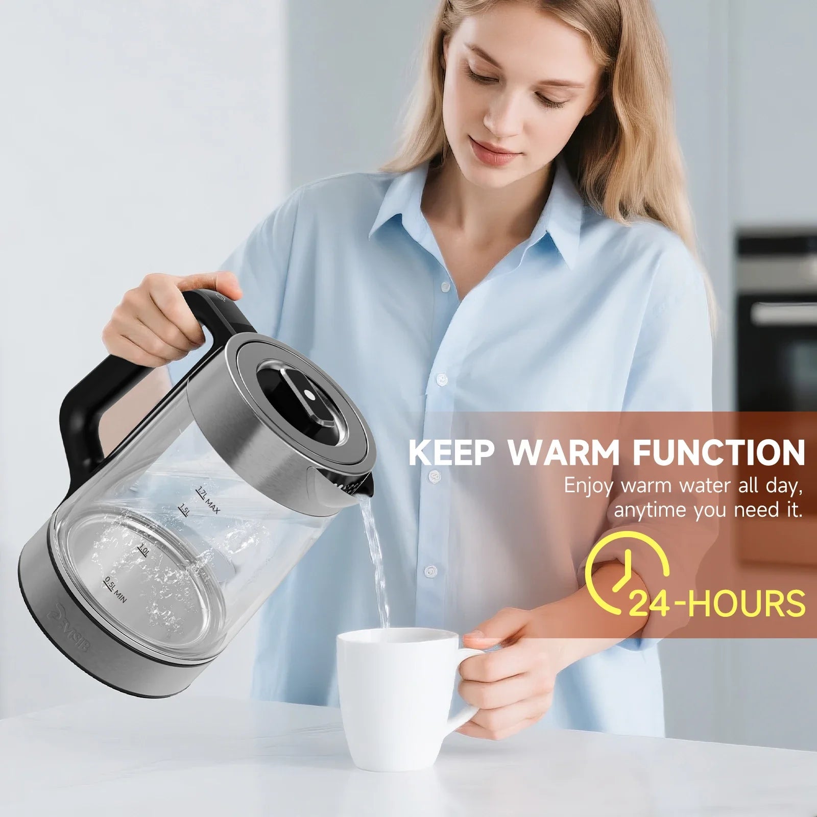 DEVISIB Dual Wall Cool Touch Electric Glass Kettle 1.7L/2200W Fast Boiling Temperature Control Real-time Display Auto