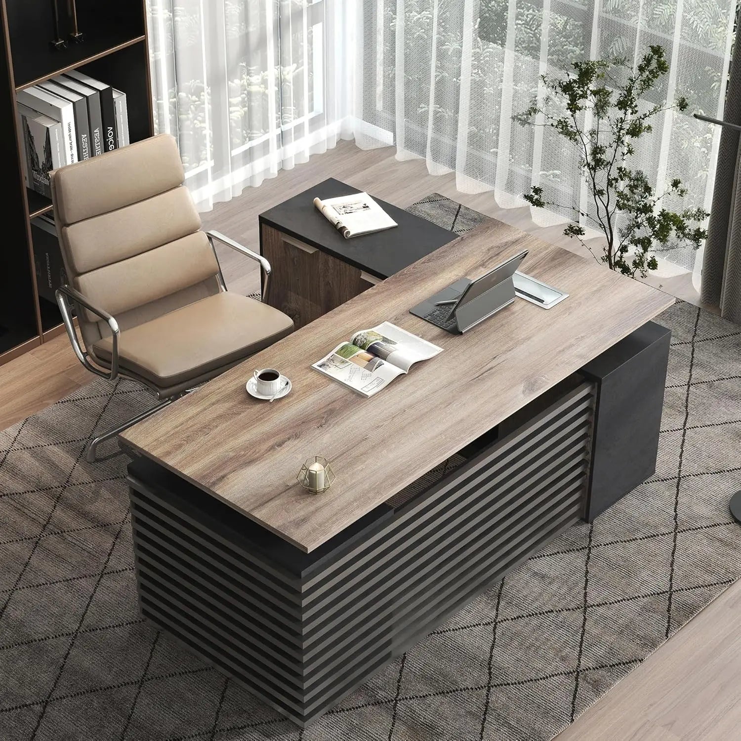 Adjustable Heigh L Shaped Executive Standing Desk w/Drawers Office Desk w/Universal Charging Ports Large Business