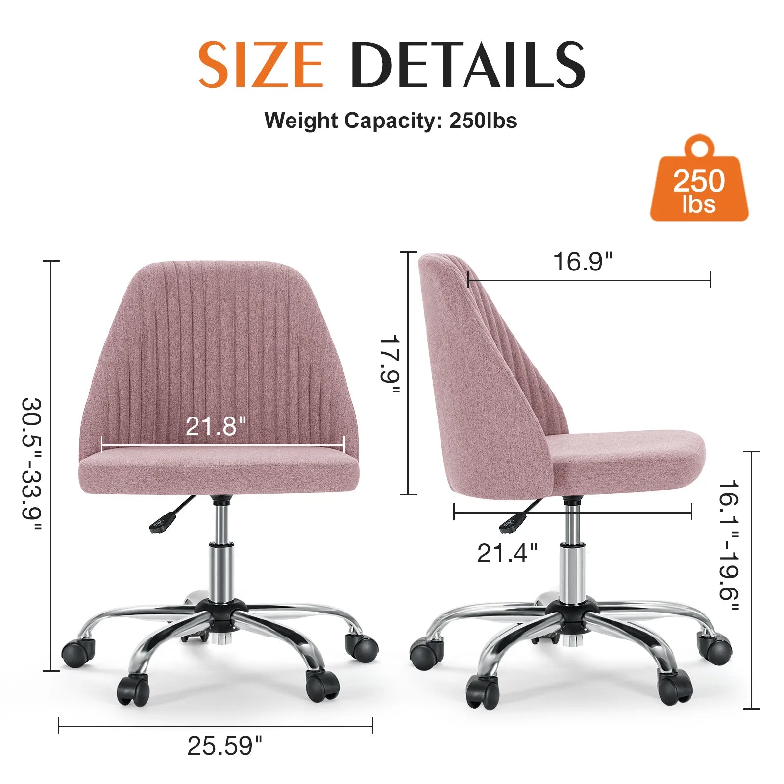 JHK Armless Small Desk Office Chair Cute Vanity Swivel Chair with Back Modern Fabric with Wheels Swivel Task Home