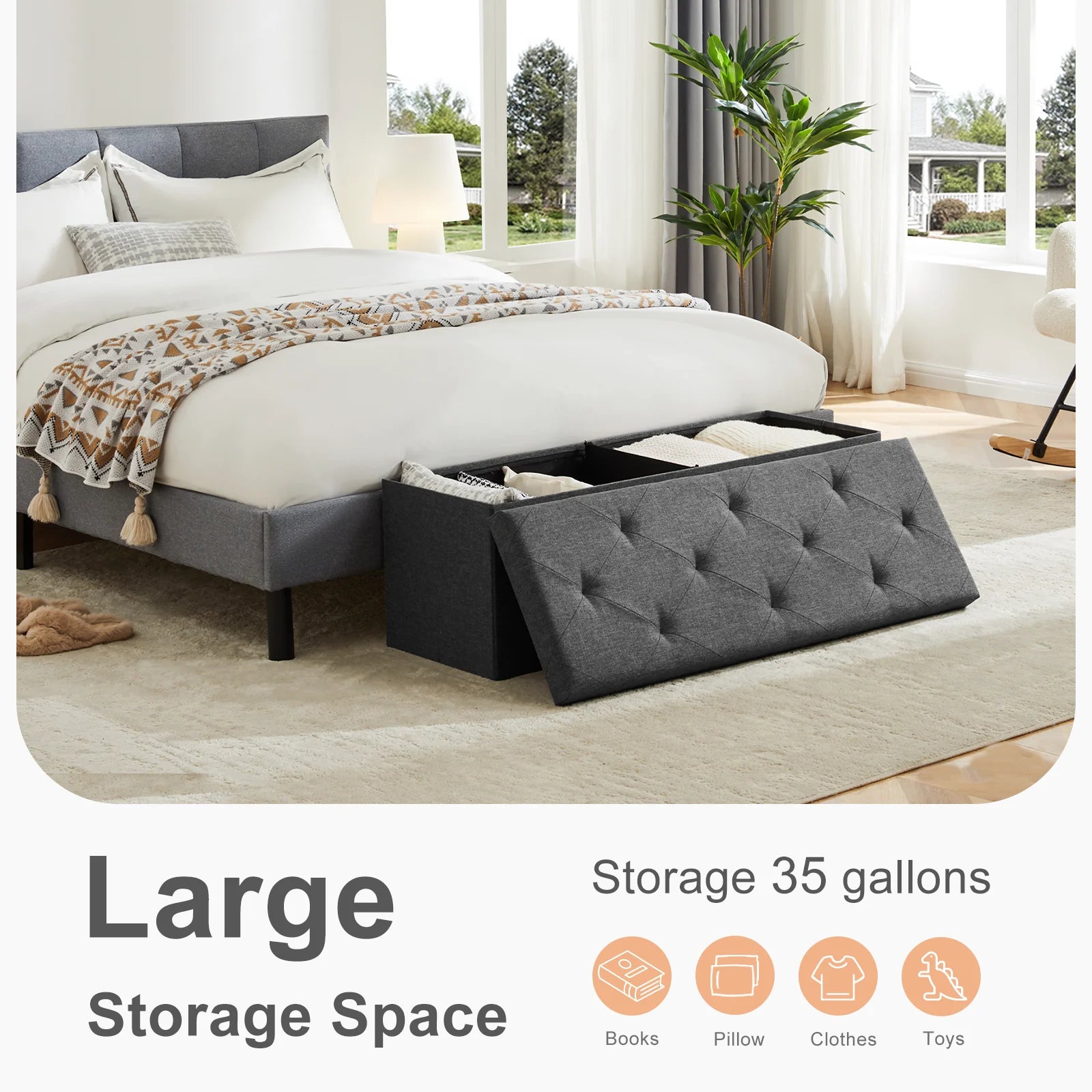 JHK Living Room Hidden Storage Footstool Toy Box Bedroom Bench Linen Fabric Easy Assemble Strong Load-bearing Capacity