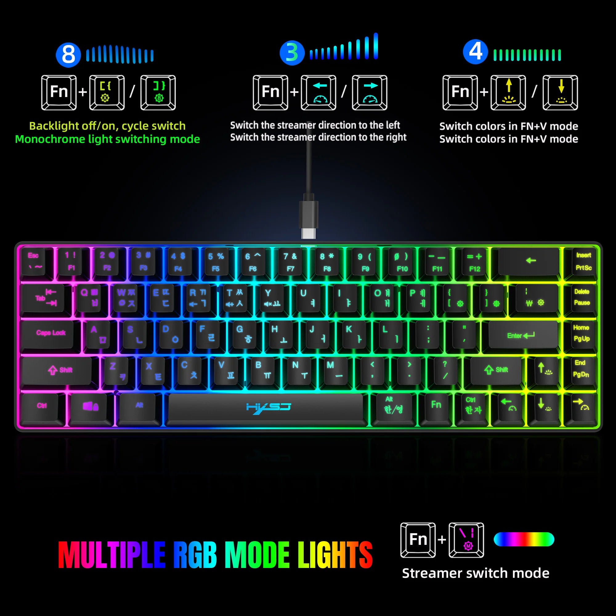 Portable HXSJ V200 68-key Korean gaming Keyboard 65% RGB Backlit Wired office membrane Keyboard for Desktop PC