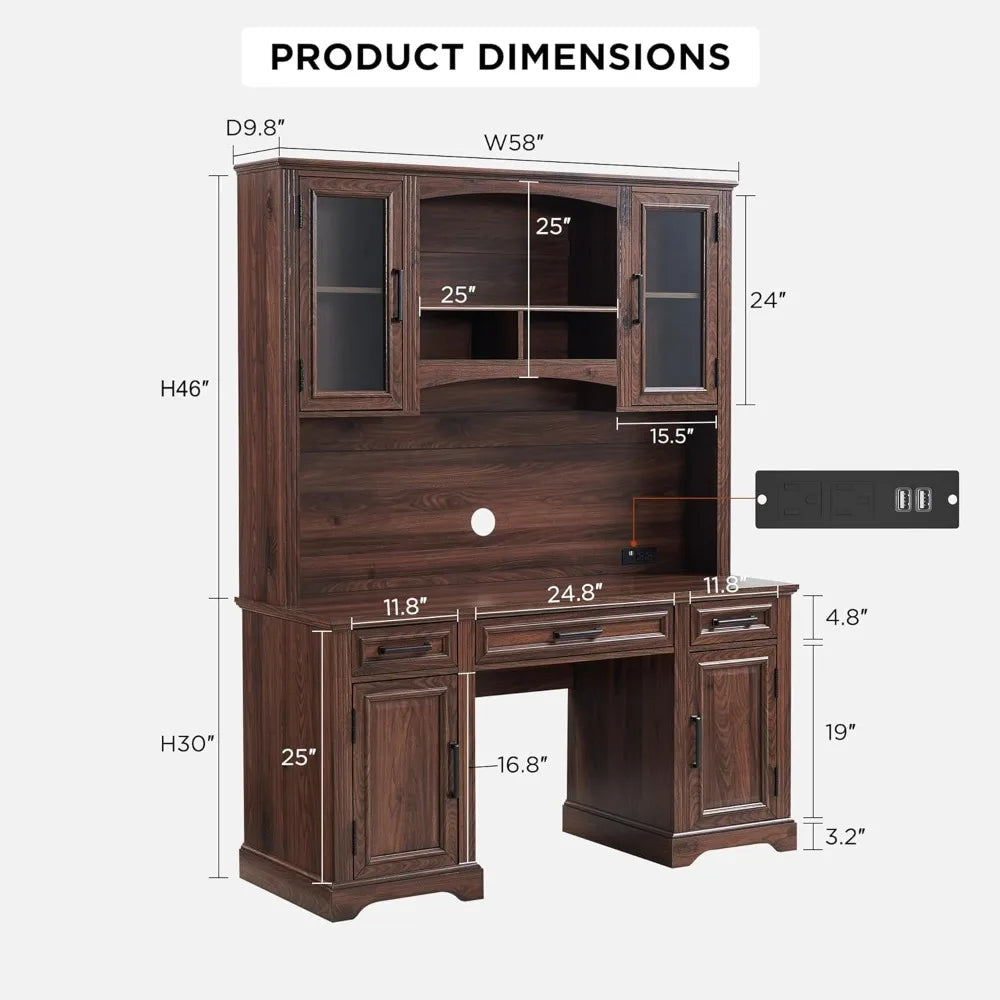 Farmhouse 76’’ Height Computer Desk with Hutch Office Desk with Charging Station Drawers And Storage Cabinet