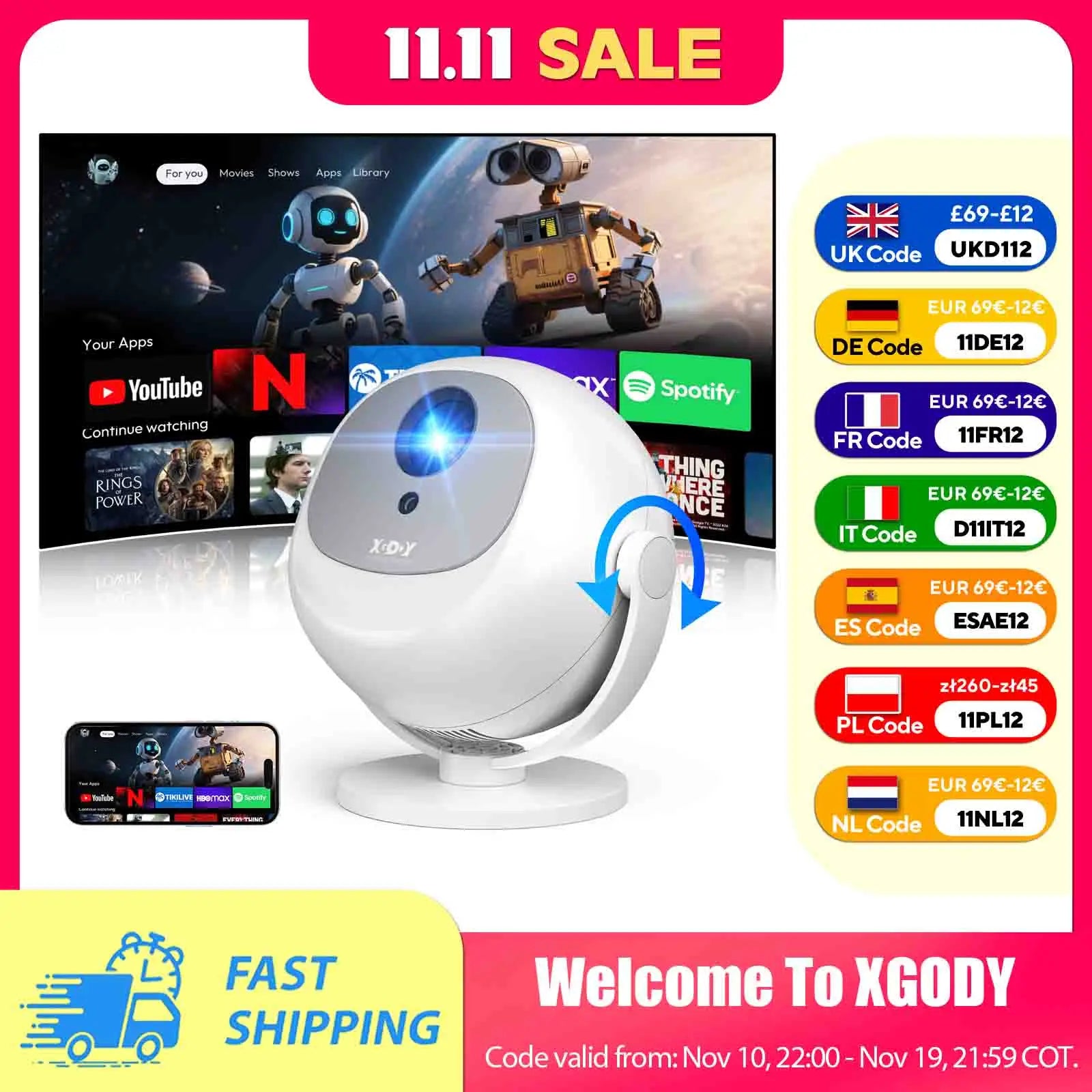 XGODY 350 ANSI 4K Portable Android Projector with WiFi6 Bluetooth 50% Zoom Electric Focus for Home Theater - WHITE