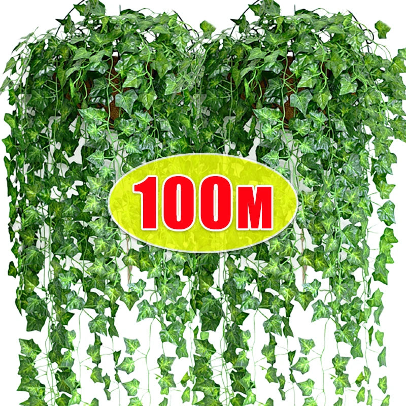 100/2M Artificial Green Ivy Vine Garland Fake Leaf Plants Rattan Hanging Creeper Garlands for Garden Wedding Party Wall