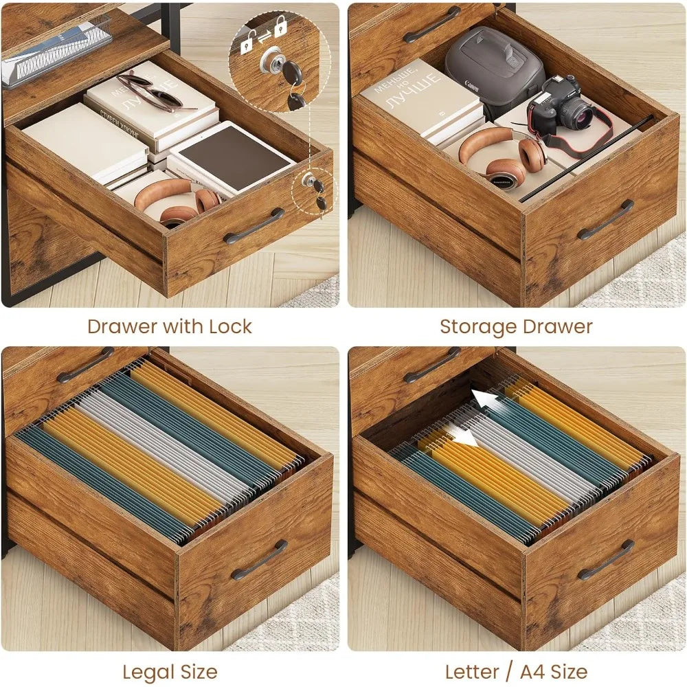 63’’ Computer Desk Office Desk with Lock Drawers for Legal/Letter File Gaming Desk with LED Light & Power Outlet Home