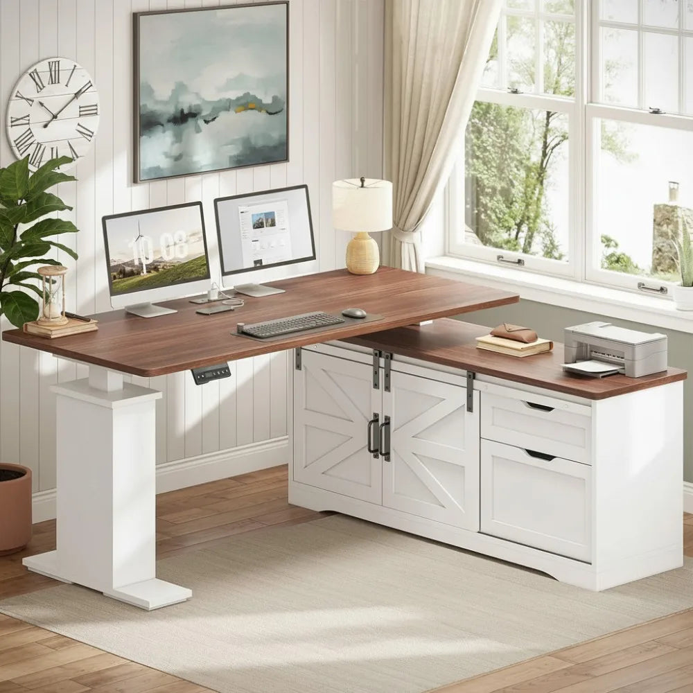L-Shaped Adjustable Standing Desk with Storage Drawers Power Outlets and Farmhouse Design for Home Office - United