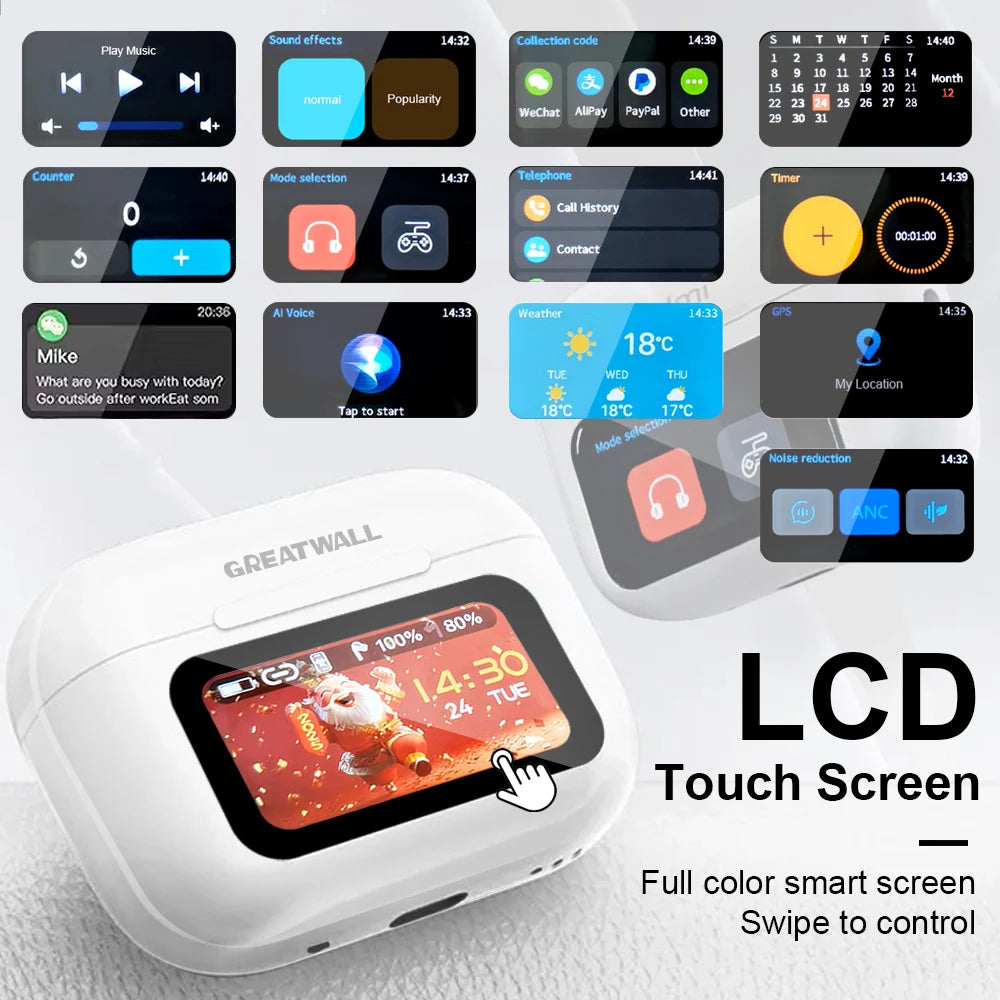 Original GREATWALL Wireless Bluetooth Earphones ANC Noise Reduction Earbuds HD Mic Call Gamer Earbuds LED Touch Screen