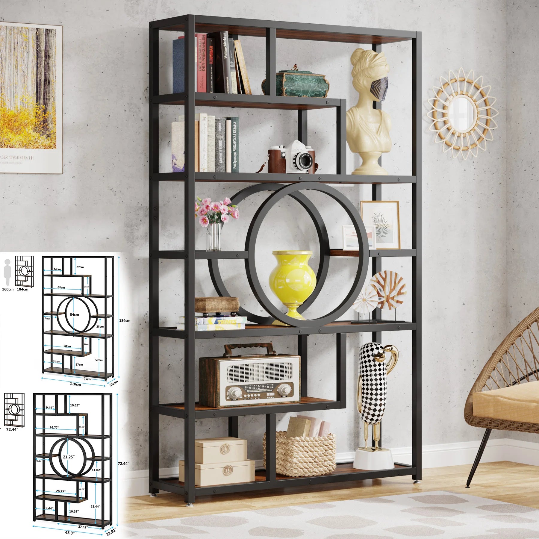 Tribesigns Bookshelf Industrial 5 Tier Etagere Bookcase Freestanding Tall Bookshelves Display Shelf Storage Organizer