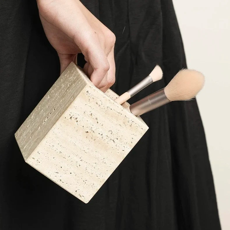 Natural Marble Pencil Pen Holder Desktop Organizer,Office Stationary Supplies Storage Stone Travertine Makeup Brush Box