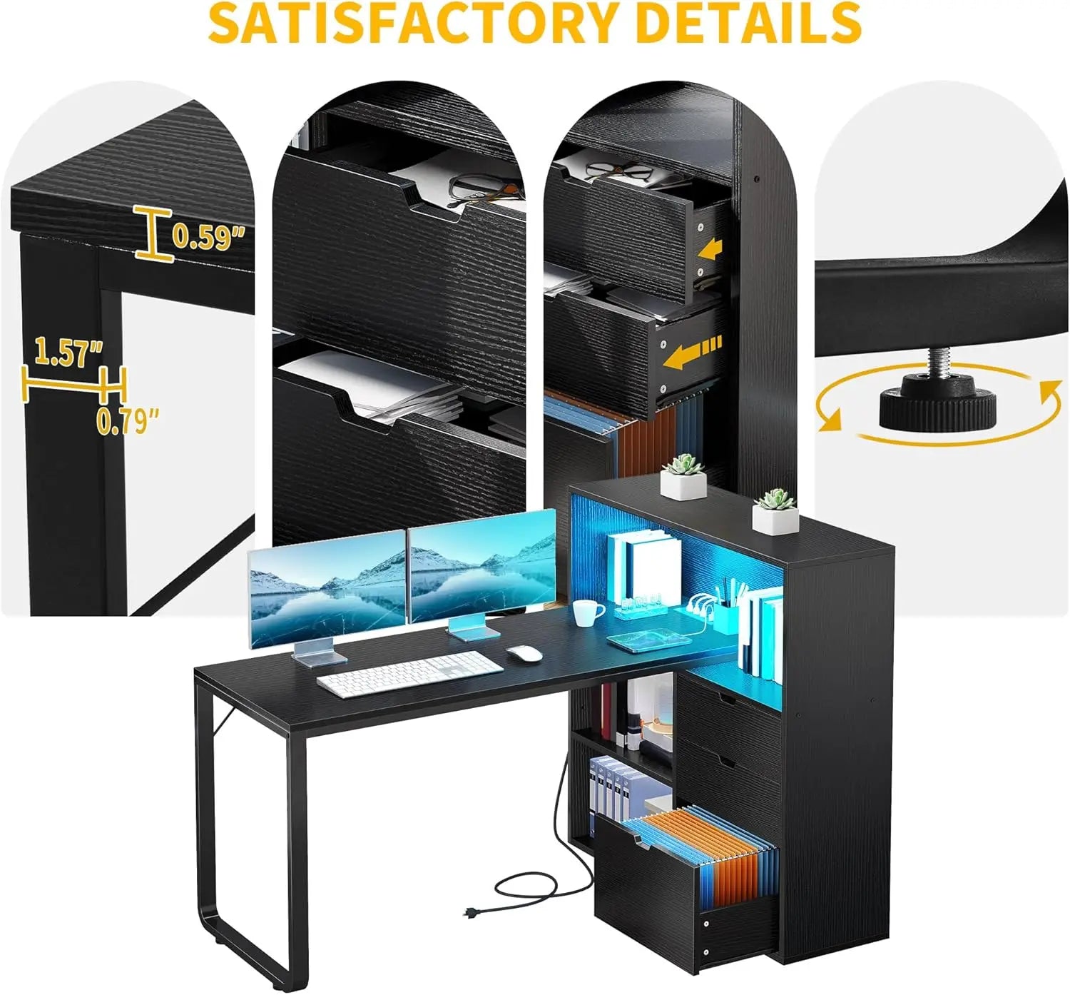 L Shaped Desk with Drawers & Power Outlets 55’’ Computer Desk with Bookshelf Corner Desk Home Office Desk with Storage