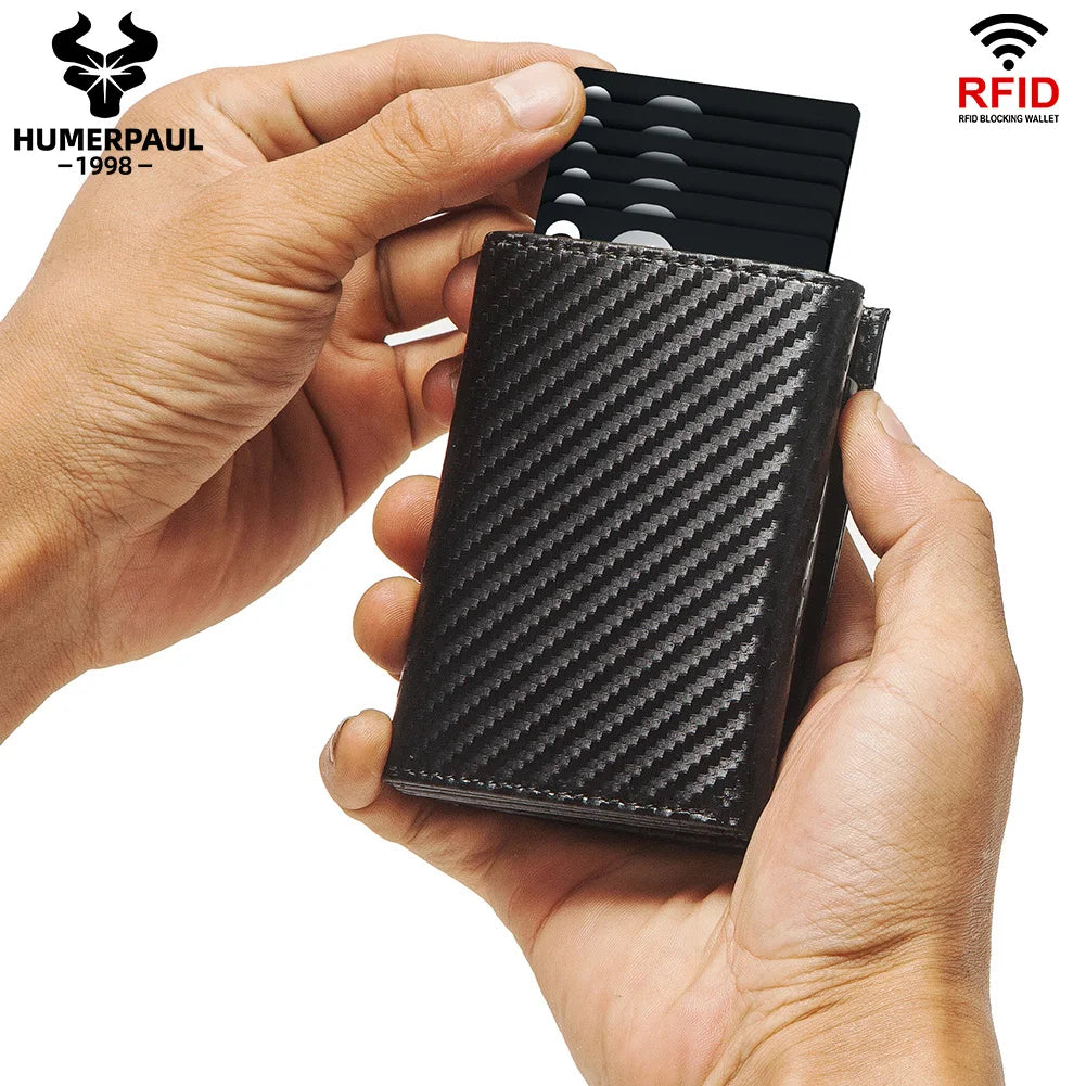 Carbon fiber Men Wallet with Aluminum Card Holder Case RFID Blocking Automatic Pop Up Cardholder Purse Business Male