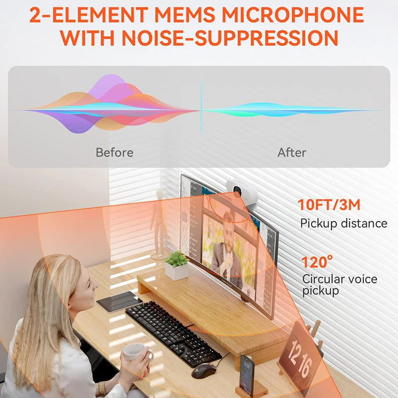 NUROUM V15-AF 75° Wide Angle Webcam 2K Full Hd 30fps with Microphone USB Video Conference Meetting For Laptop Computer